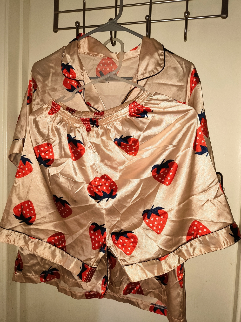 SHEIN Beige Satin Strawberry Print Pajama Set with Red Accents